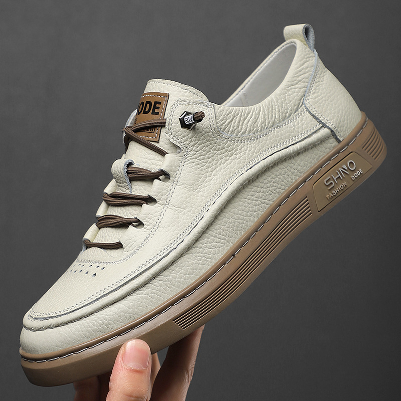Adidași casual pentru bărbați din piele, partea superioară din piele de vită de primă calitate, talpă din cauciuc, vârf rotund, talpă anti-derapantă, toc plat