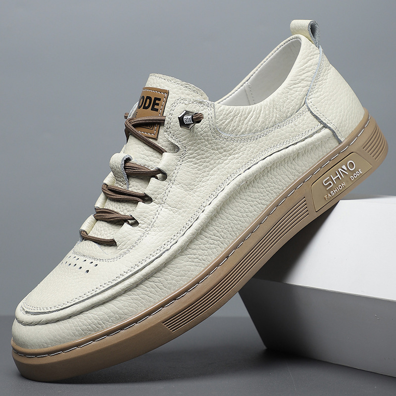 Adidași casual pentru bărbați din piele, partea superioară din piele de vită de primă calitate, talpă din cauciuc, vârf rotund, talpă anti-derapantă, toc plat