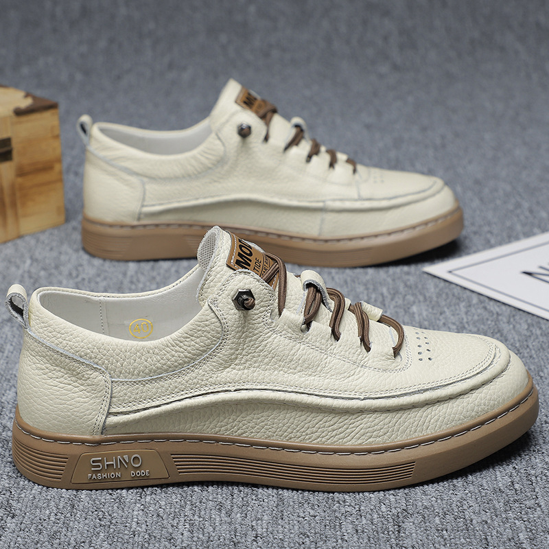 Adidași casual pentru bărbați din piele, partea superioară din piele de vită de primă calitate, talpă din cauciuc, vârf rotund, talpă anti-derapantă, toc plat