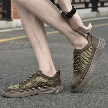 Pantofi bărbați skate, respirabili, partea superioară din piele de vițel + plasă, talpă din cauciuc, branț EVA, închidere cu șireturi