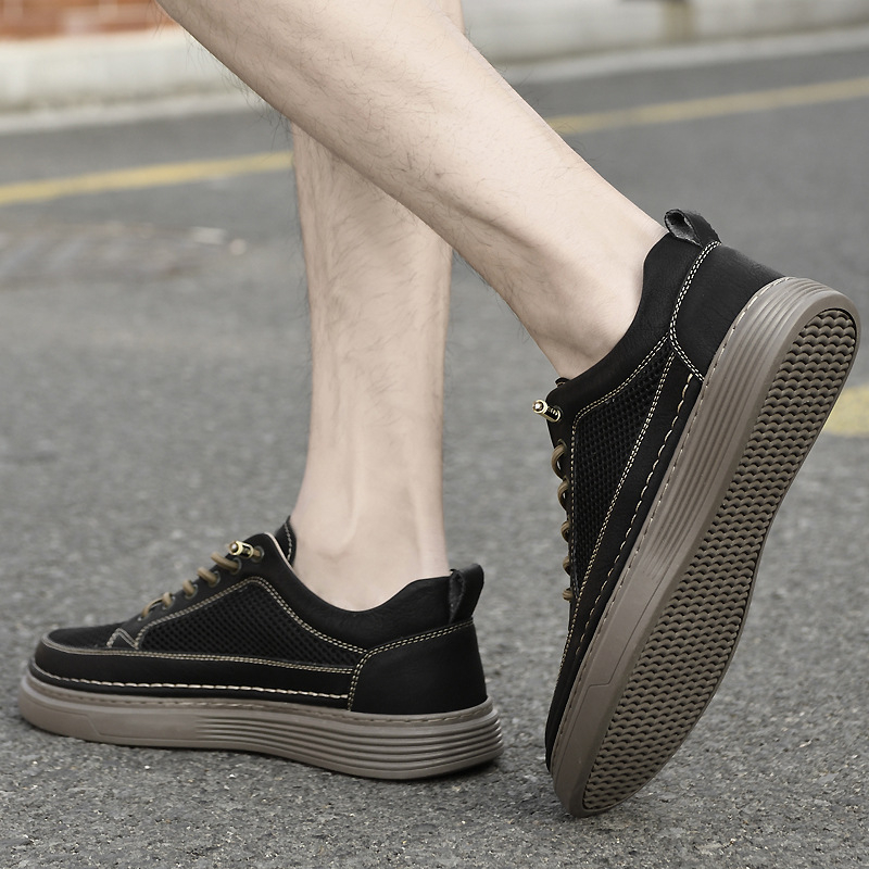 Pantofi bărbați skate, respirabili, partea superioară din piele de vițel + plasă, talpă din cauciuc, branț EVA, închidere cu șireturi