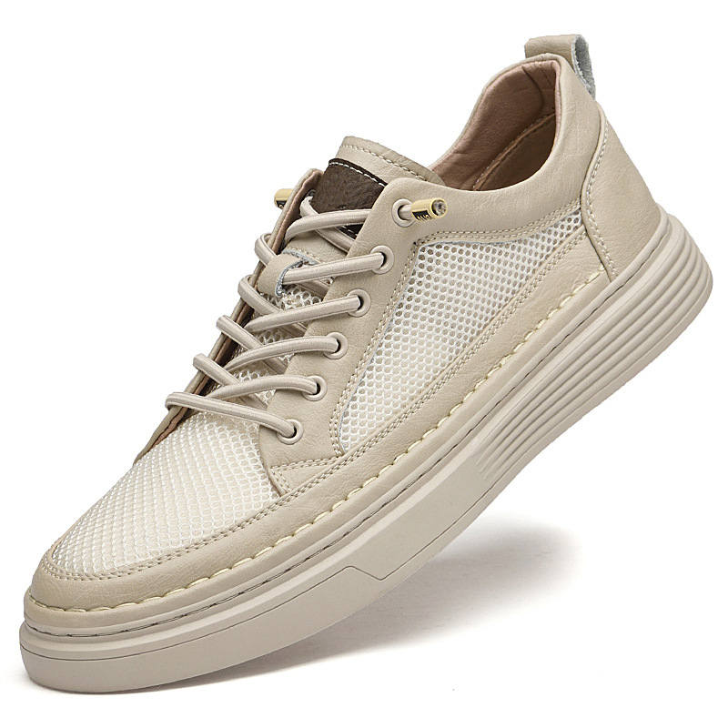 Pantofi bărbați skate, respirabili, partea superioară din piele de vițel + plasă, talpă din cauciuc, branț EVA, închidere cu șireturi