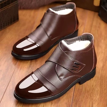 Muške PU kožne visoke tenisice – topla podstava, okrugli vrh prsta, Velcro kopča, srednji potplat 3–5 cm
