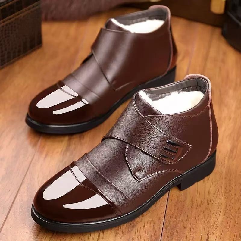 Muške PU kožne visoke tenisice – topla podstava, okrugli vrh prsta, Velcro kopča, srednji potplat 3–5 cm