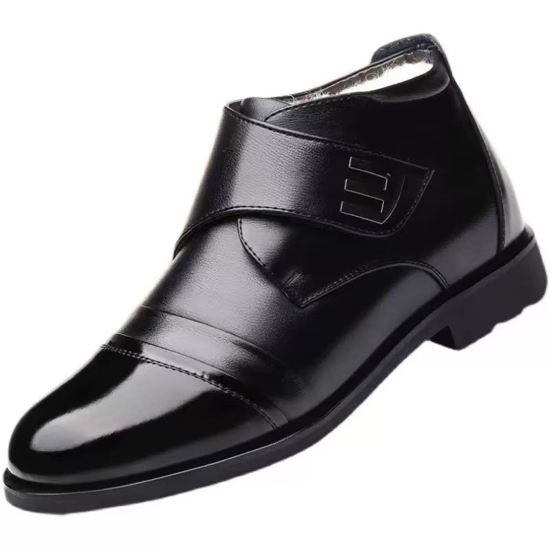 Muške PU kožne visoke tenisice – topla podstava, okrugli vrh prsta, Velcro kopča, srednji potplat 3–5 cm