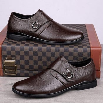 Pantofi de piele pentru bărbați, stil business, vârf rotund, partea superioară din amestec de materiale, închidere Slip-On cu Velcro, căptușeală din blană de iepure, primăvara 2024