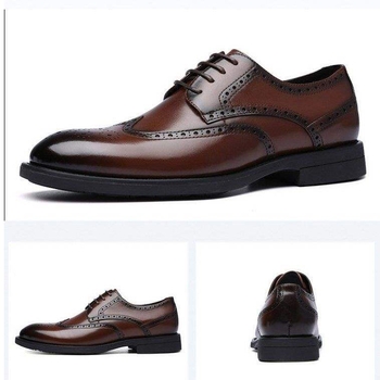 Pantofi masculini din piele cu gravură brogue – partea superioară din microfibră, vârf ascuțit, închidere cu șireturi, talpă din cauciuc, căptușeală din blană de iepure, stil minimalist, primăvara 2024