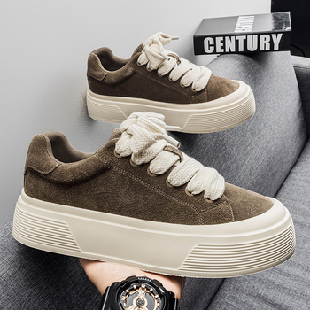 Adidași pentru bărbați cu partea superioară din piele, talpă din cauciuc, talpă groasă ce crește înălțimea, cu șireturi, vârf rotund