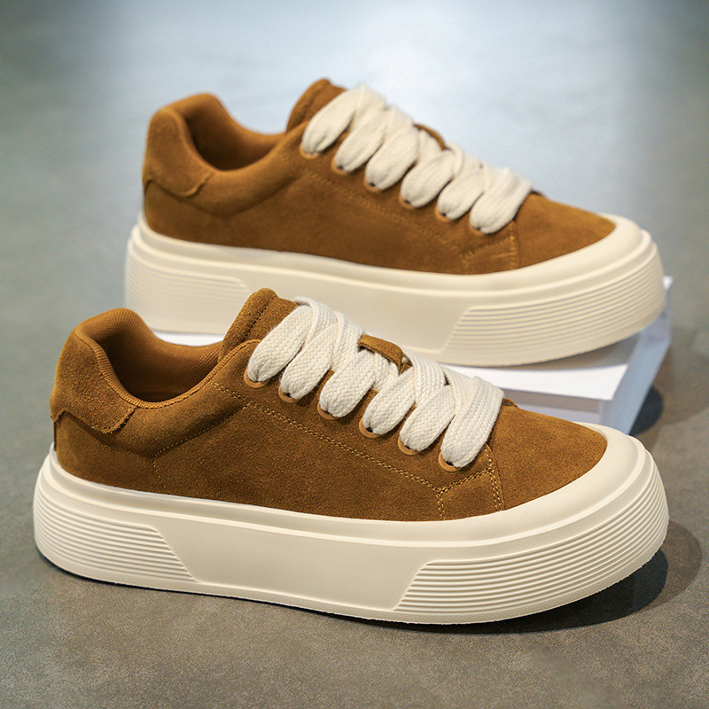 Adidași pentru bărbați cu partea superioară din piele, talpă din cauciuc, talpă groasă ce crește înălțimea, cu șireturi, vârf rotund