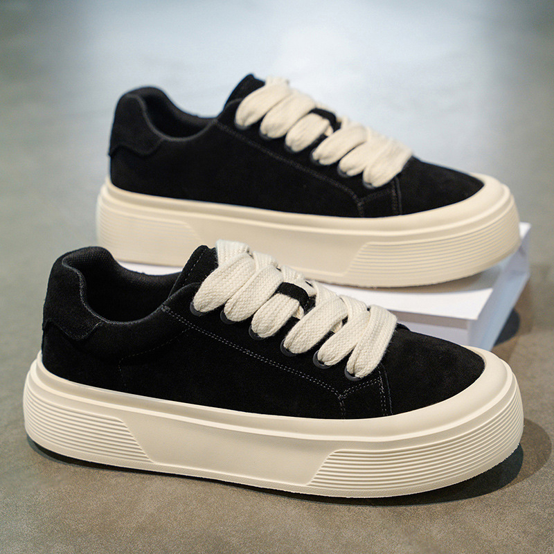 Adidași pentru bărbați cu partea superioară din piele, talpă din cauciuc, talpă groasă ce crește înălțimea, cu șireturi, vârf rotund