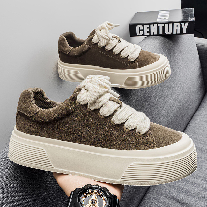 Adidași pentru bărbați cu partea superioară din piele, talpă din cauciuc, talpă groasă ce crește înălțimea, cu șireturi, vârf rotund