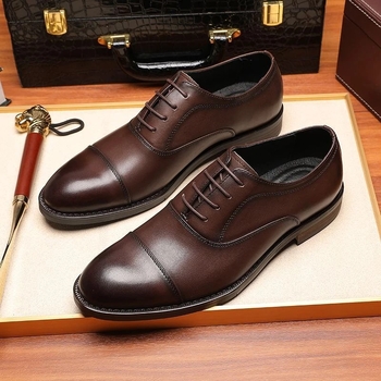 Pantofi eleganti din piele pentru bărbați, partea superioară din piele split, vârf ascuțit, șiret, talpă din cauciuc