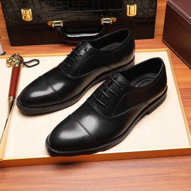 Pantofi eleganti din piele pentru bărbați, partea superioară din piele split, vârf ascuțit, șiret, talpă din cauciuc