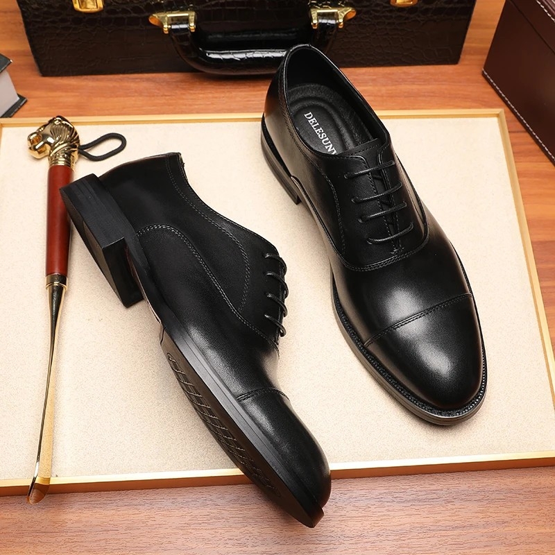 Pantofi eleganti din piele pentru bărbați, partea superioară din piele split, vârf ascuțit, șiret, talpă din cauciuc