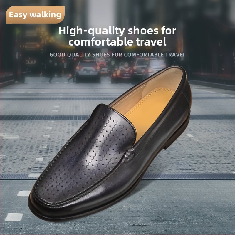 Vīriešu ikdienas ādas loaferi ar elpojošu dizainu; augšdaļa no divslāņu liellā ādas; zole no liellā teļa cīpslas; apaļa purngala; zems papēdis 1–3 cm