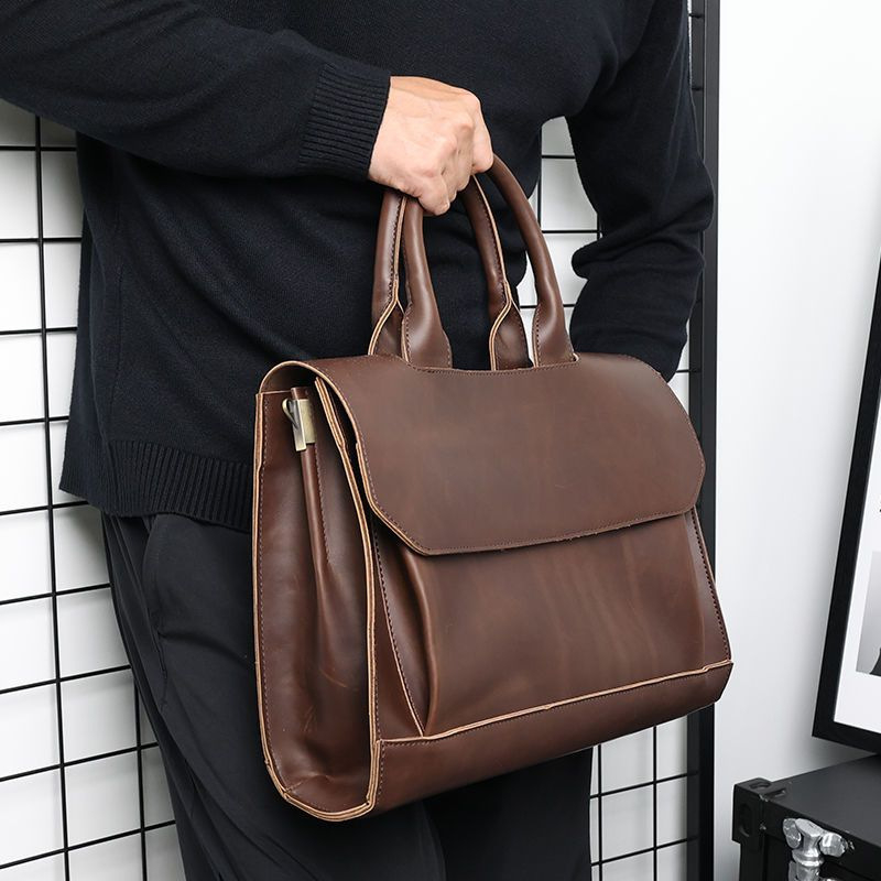 Férfiaknak szóló PU Crazy Horse bőrű üzleti aktatáska, nagy kapacitású, poliészter bélés, vízálló és kopásálló