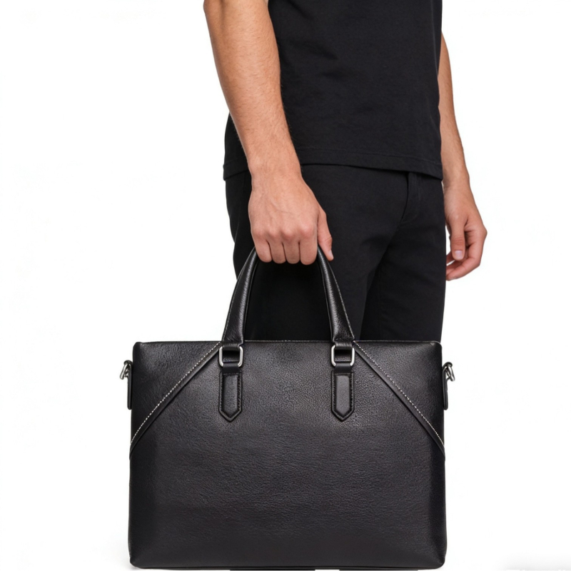 Férfi üzleti táska valódi bőrből, városi minimalist stílus, felsőréteg marhabőrből, poliészter bélés, egyszínű mintázat, vízálló
