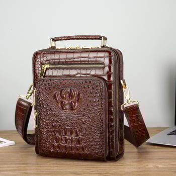 Geantă de umăr pentru bărbați din piele de vacă, formă verticală pătrată, închidere cu fermoar, buzunare interioare: buzunar cu fermoar, buzunar pentru telefon, buzunar pentru laptop, potrivită pentru laptop de 10 inch