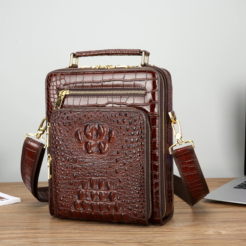 Geantă de umăr pentru bărbați din piele de vacă, formă verticală pătrată, închidere cu fermoar, buzunare interioare: buzunar cu fermoar, buzunar pentru telefon, buzunar pentru laptop, potrivită pentru laptop de 10 inch