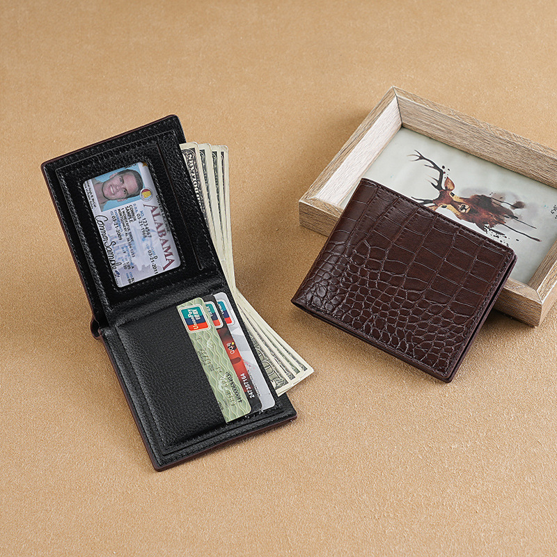 Ανδρικό πορτοφόλι με μοτίβο δέρματος κροκόδειλου, PU δέρμα, κοντό στυλ, επένδυση από συνθετικό δέρμα, Shenmeisi