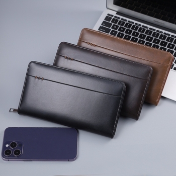 Pánska dlhá peňaženka s uzáverom na zips z PU kože, viaceré sloty na karty, vrecko na telefón, polyesterová podšívka