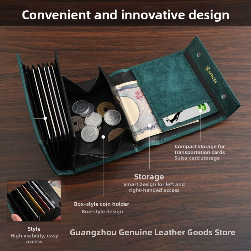 Ανδρικό πορτοφόλι σε κουτιώδη γραμμή, κοντό από γνήσιο δέρμα (πρώτος στρώμα βοδινού δέρματος) | Διαπνέον, Αδιάβροχο, Πολύ ελαφρύ, Με επεκτειόμενη χωρητικότητα, Εσωτερική επένδυση πολυεστέρα