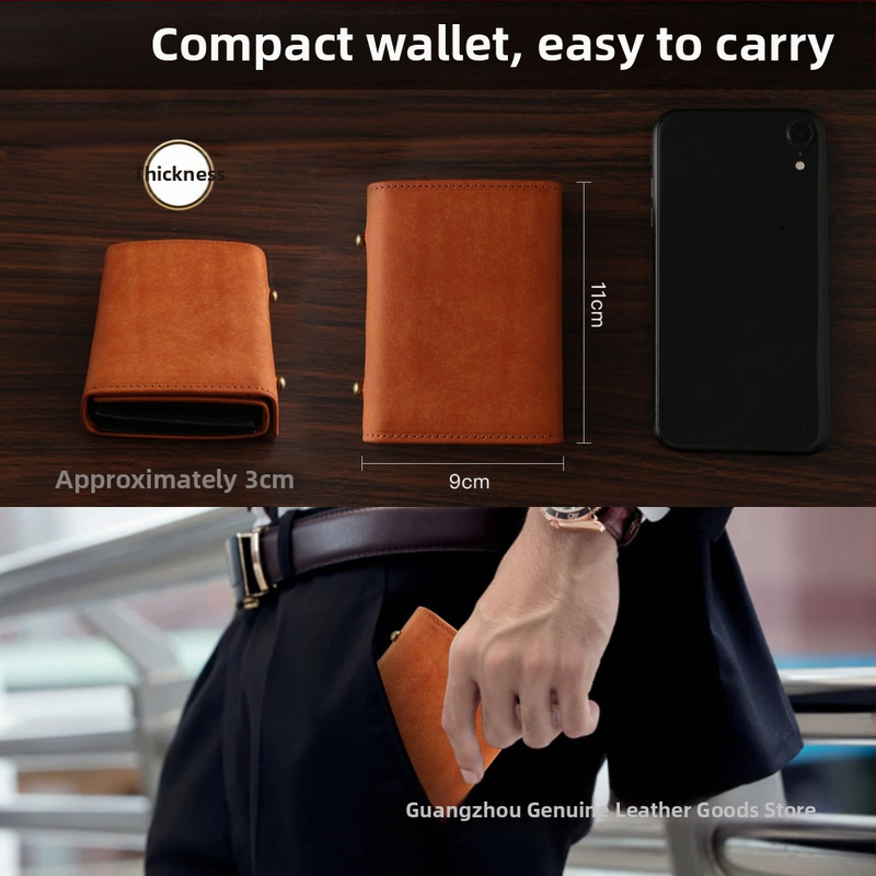 Ανδρικό πορτοφόλι σε κουτιώδη γραμμή, κοντό από γνήσιο δέρμα (πρώτος στρώμα βοδινού δέρματος) | Διαπνέον, Αδιάβροχο, Πολύ ελαφρύ, Με επεκτειόμενη χωρητικότητα, Εσωτερική επένδυση πολυεστέρα