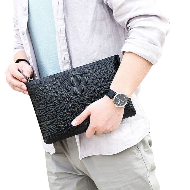 Muška clutch torba, prava koža, uzorak krokodila, zaštita od krađe i vodootporna, podstava od poliestera, za poslovna putovanja