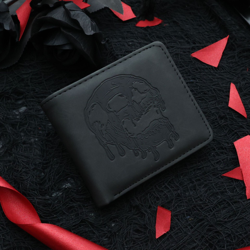 Ανδρικό συμπαγές πορτοφόλι PU με ανάγλυφο κρανίο, γεωμετρικό μοτίβο, επένδυση συνθετικό δέρμα, αδιάβροχο