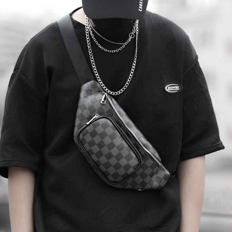 Ανδρική ζώνη-τσάντα Xm4033 – street trend στυλ, PVC υλικό, καρό μοτίβο, επένδυση πολυεστέρα, ανθεκτική στη φθορά