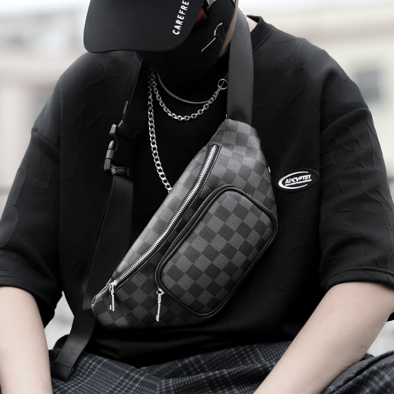 Ανδρική ζώνη-τσάντα Xm4033 – street trend στυλ, PVC υλικό, καρό μοτίβο, επένδυση πολυεστέρα, ανθεκτική στη φθορά
