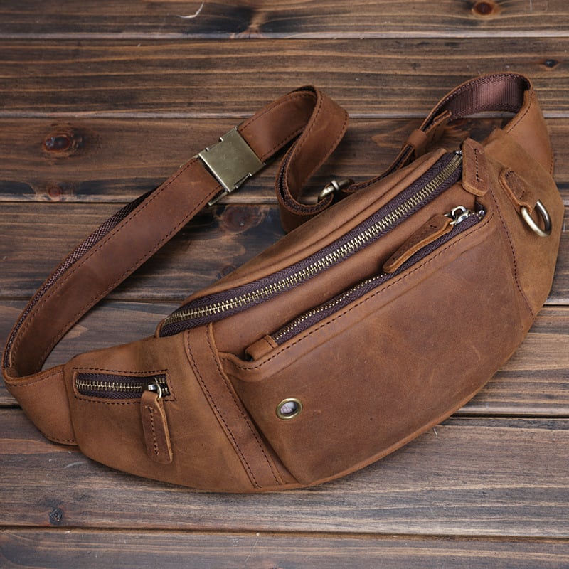 Muška torbica za struk od Crazy Horse kože — gornji sloj teleće kože, veliki kapacitet, otporna na habanje, crossbody dizajn