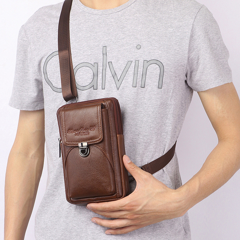 Muška kožna crossbody torba, multifunkcionalna, model 9428, zatvarač, džep za telefon i ID, dimenzije 21x13x6 cm