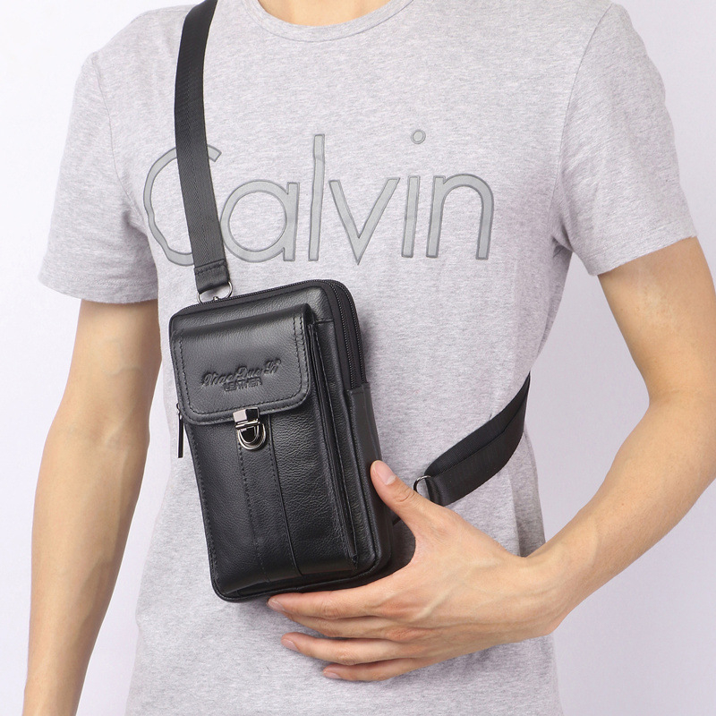 Muška kožna crossbody torba, multifunkcionalna, model 9428, zatvarač, džep za telefon i ID, dimenzije 21x13x6 cm