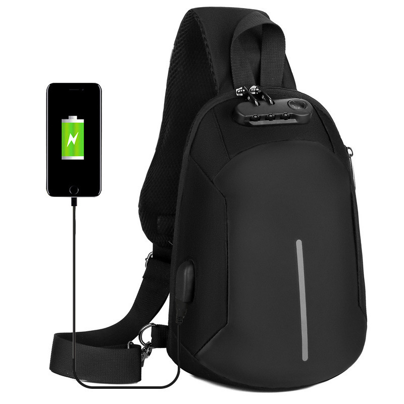Muška chest bag s protiv krađe, USB punjenjem, vodootporna, casual/poslovni stil; Materijal: Oxford platno; Zatvaranje: zip; Unutarnje: džep sa zipom i džep za laptop; Veličina: Srednja; Podstava: Najlon