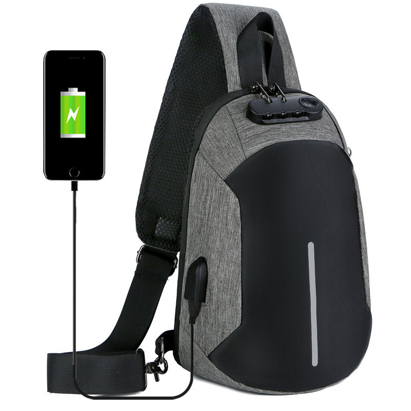Muška chest bag s protiv krađe, USB punjenjem, vodootporna, casual/poslovni stil; Materijal: Oxford platno; Zatvaranje: zip; Unutarnje: džep sa zipom i džep za laptop; Veličina: Srednja; Podstava: Najlon