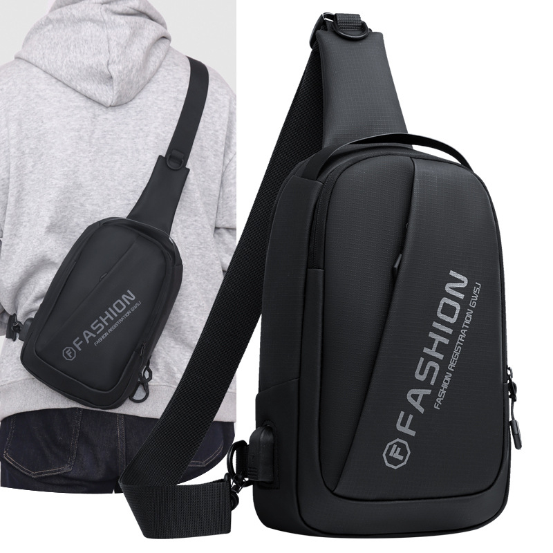 Muška kožna Chest Bag s USB punjenjem, uličnog stila, vodootporna i otporna na habanje, uzorak s slovima, podstava od poliestera