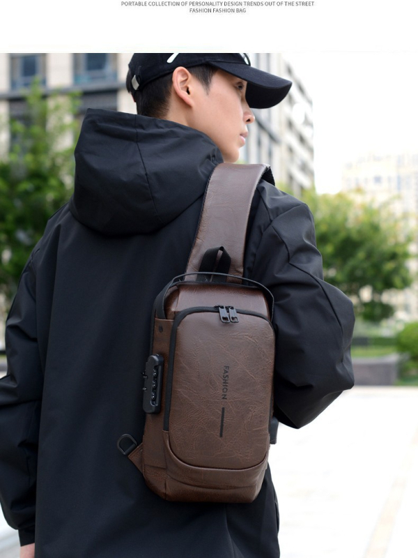 Férfi mellkasi táska — szabadidős utazási stílus, PU anyag, ultra könnyű, mintázat betűkkel, 2025 tavasz