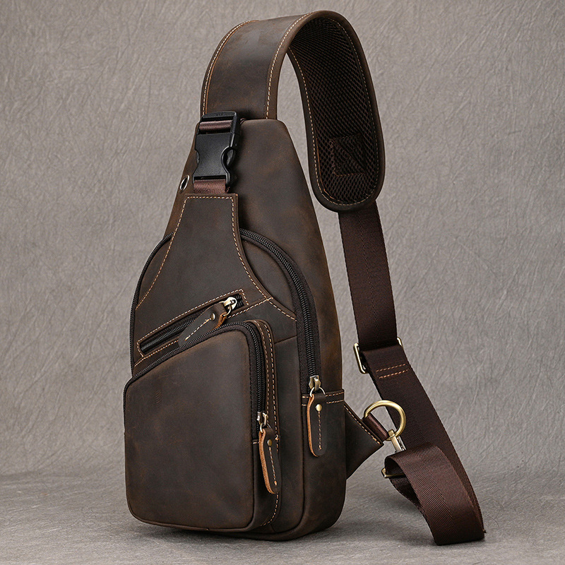 Muška torba za prsa od prave kože – prvi sloj bikove kože, poliester podstava, crossbody stil, svakodnevna upotreba