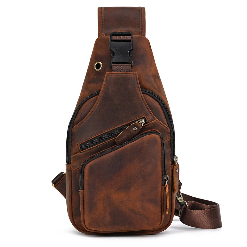Muška torba za prsa od prave kože – prvi sloj bikove kože, poliester podstava, crossbody stil, svakodnevna upotreba