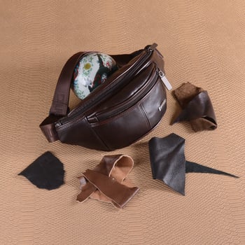 Férfi övtáska természetes bőrből, hold alakú, zipzárral záródó; belső rekeszek: zipzáras zseb, telefonzseb, identifikációs zseb, poliészter bélés