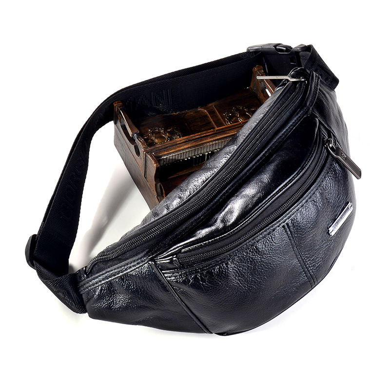 Férfi övtáska természetes bőrből, hold alakú, zipzárral záródó; belső rekeszek: zipzáras zseb, telefonzseb, identifikációs zseb, poliészter bélés