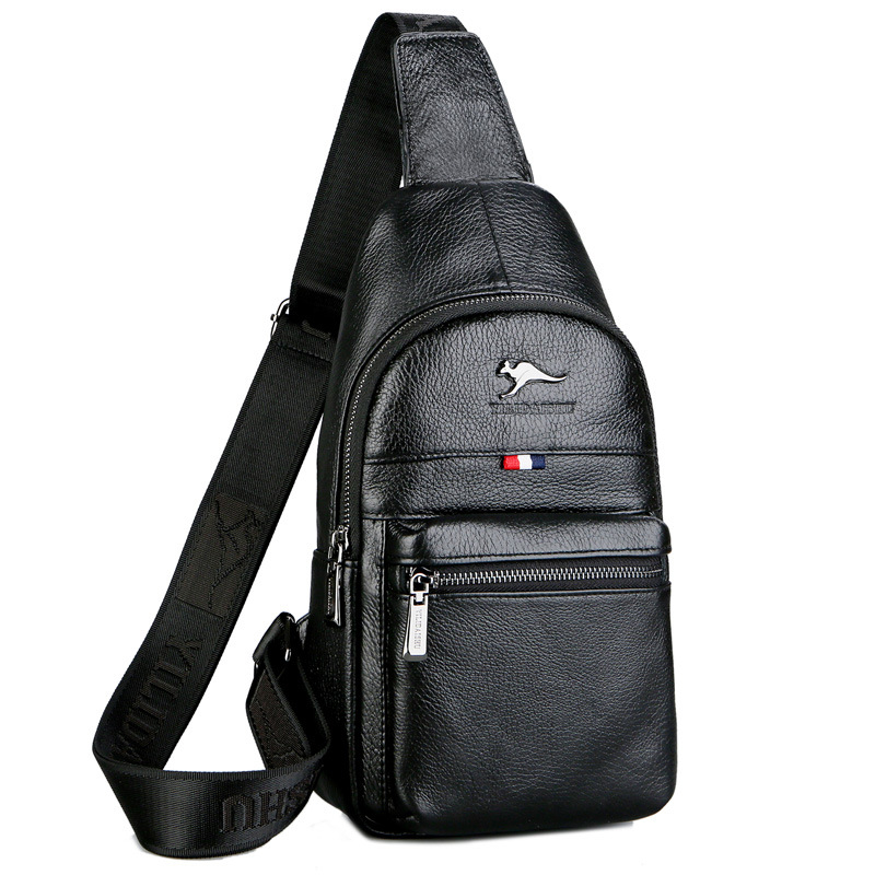 Muška kožna torbica za prsa – Prava koža, Gornji sloj teleće kože, Prozračna podstava od najlona, Jednobojni uzorak