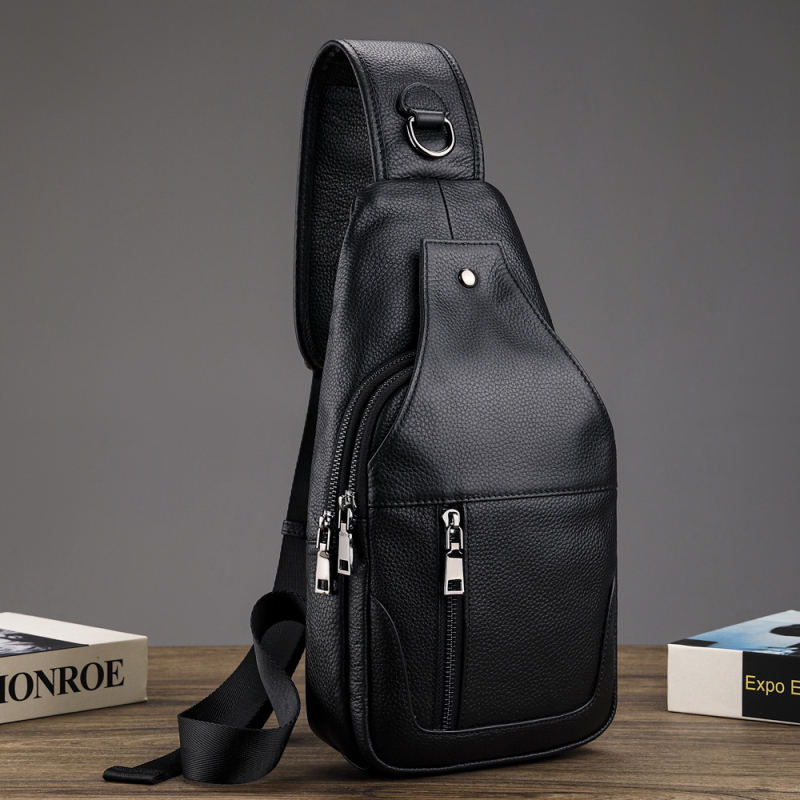 Muška torbica za prsa od prave kože, ulični stil, prvi sloj teleće kože, otporna na habanje, velika kapaciteta