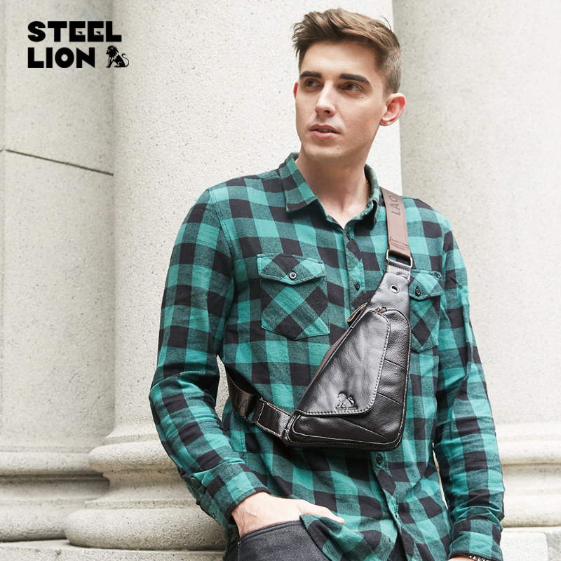 Geantă pentru piept masculin din piele naturală, stil street trend, model 91007, imprimeu animal, căptușeală poliester