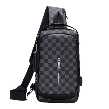 Muška anti-kradna torba za prsa s zaključavanjem na šifru, karirani uzorak, PU materijal, otporna, višenamjenska crossbody torba