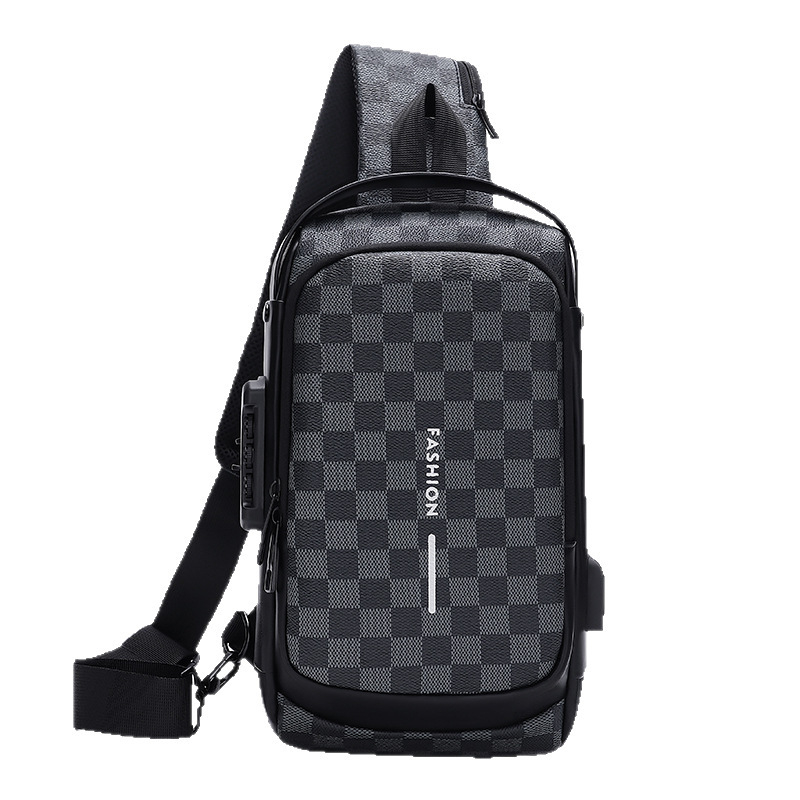Muška anti-kradna torba za prsa s zaključavanjem na šifru, karirani uzorak, PU materijal, otporna, višenamjenska crossbody torba
