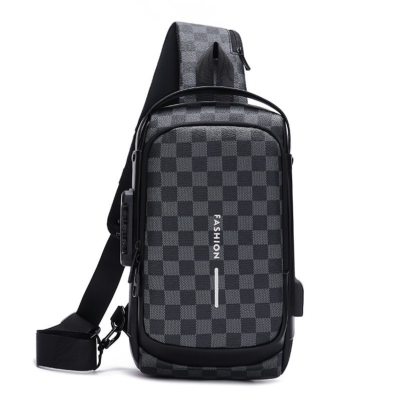 Muška anti-kradna torba za prsa s zaključavanjem na šifru, karirani uzorak, PU materijal, otporna, višenamjenska crossbody torba