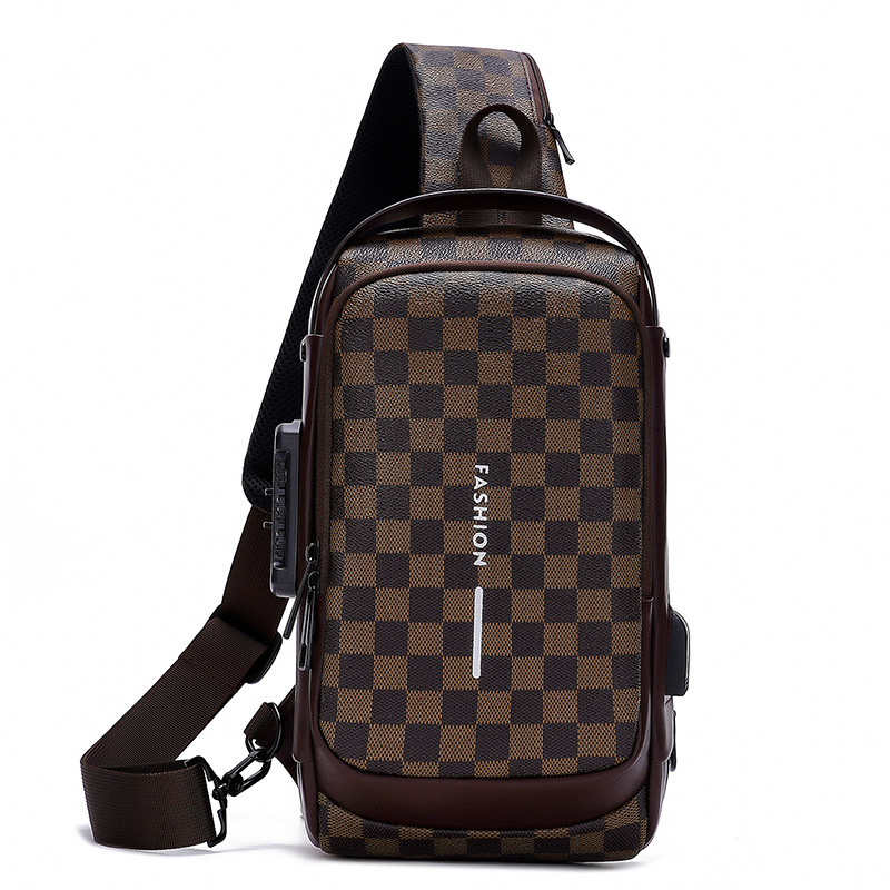 Muška anti-kradna torba za prsa s zaključavanjem na šifru, karirani uzorak, PU materijal, otporna, višenamjenska crossbody torba