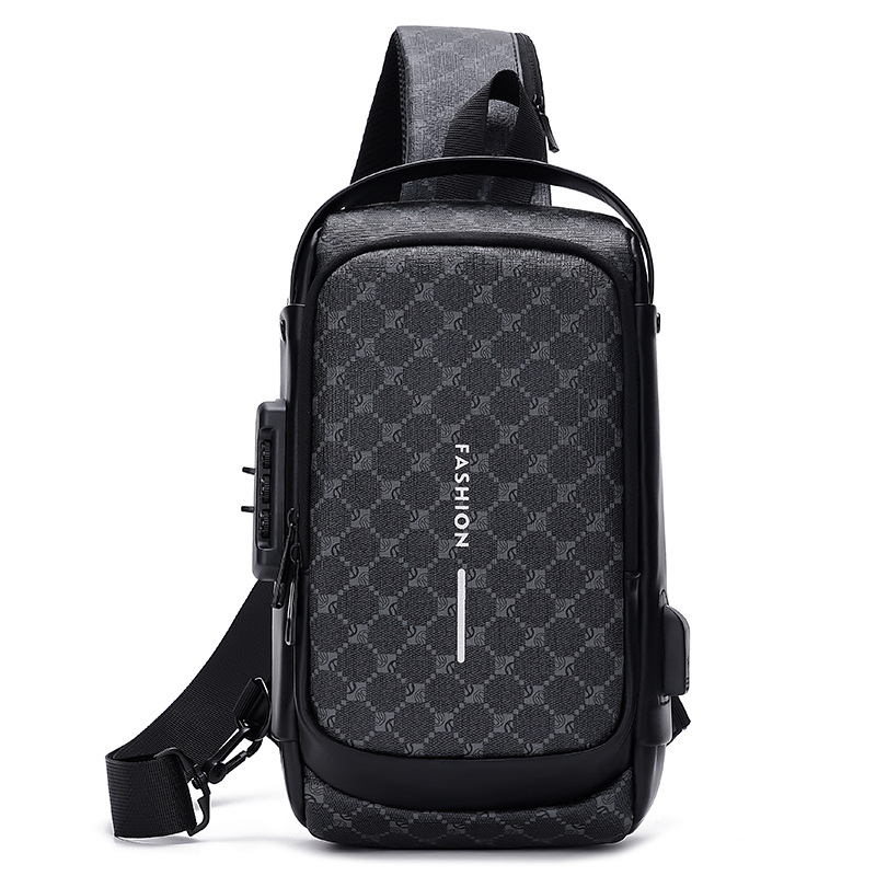 Muška anti-kradna torba za prsa s zaključavanjem na šifru, karirani uzorak, PU materijal, otporna, višenamjenska crossbody torba